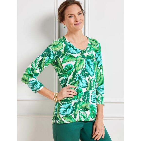 Talbots VNeck Pullover Sweater Isle Fronds Sz Small Cotton Green Turquoise Multi - Picture 1 of 11